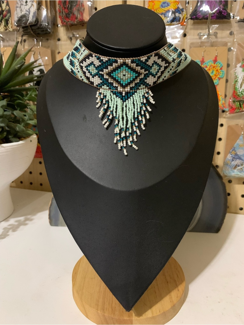 Handmade Beaded Fringe Choker Necklace - Aqua & Black